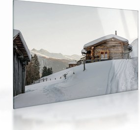 Tablou pe sticlă - cabana montană în zăpadă (70x50 cm)
