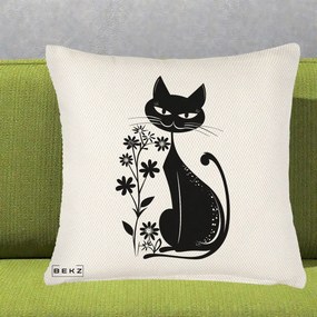 Perna Decorativa Pisica Neagra Grafica Minimalista, 40x40 cm, Crem Reliefat, Husa Detasabila, Perna Inclusa, BEKZ®