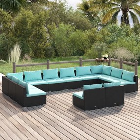 Set mobilier de gradina cu perne, 12 piese, negru, poliratan negru si albastru acvatic, 2x colt + 10x mijloc, 1