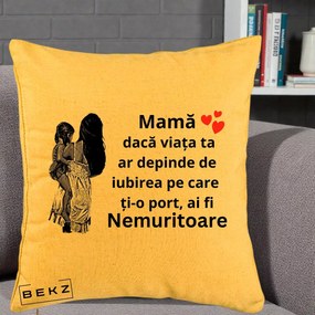 Cadou pentru Mama - Perna Personalizata Mama Nemuritoare Imbratisare, 40x40 cm, Galben, Husa Detasabila, Perna Inclusa, BEKZ®