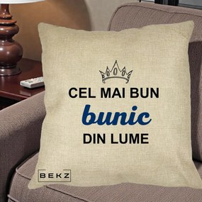 Cadou pentru Bunic - Perna Personalizata Cel Mai Bun Bunic Din Lume Coroana Albastra, 40x40 cm, Crem, Husa Detasabila, Perna Inclusa, BEKZ®