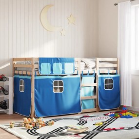 vidaXL Pat supraetajat cu perdele, albastru, 80x200 cm, lemn masiv pin