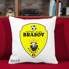 Perna Personalizata FC Brasov Fotbal Romania, 40x40 cm, Alba Mata, Husa Detasabila, Perna Inclusa, BEKZ®