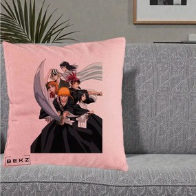 Perna Personalizata Bleach Grup Complet Ichigo si Prietenii, 40x40 cm, Roz, Husa Detasabila, Perna Inclusa, BEKZ®