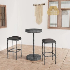 vidaXL Set mobilier bar de grădină, cu perne, 3 piese, gri, poliratan