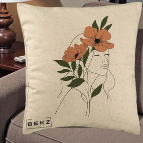 Perna Decorativa Portret Feminin Doua Maci Terracotta, 40x40 cm, Bej, Husa Detasabila, Perna Inclusa, BEKZ®