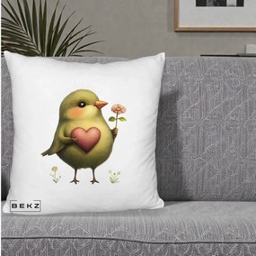 Perna Decorativa Pasare Verde cu Inima si Floare, 40x40 cm, Alb Pufos, Husa Detasabila, Perna Inclusa, BEKZ®
