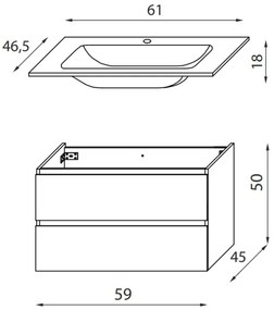 Dulap pentru baie cu lavoar KENWOOD, 61 cm, nuc/alb