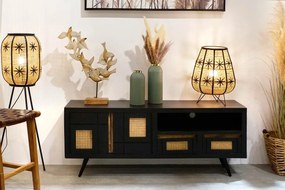 Comodă TV living din lemn de mango, negru, cu 2 uși, 2 sertare, nișă deschisă și inserții din ratan împletit, 60 x 145,5 x 40,5 cm, „Cheverny”