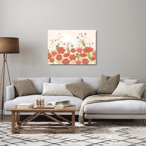 Tablou pe sticlă - Păsări pe o pajiște înflorită (70x50 cm)