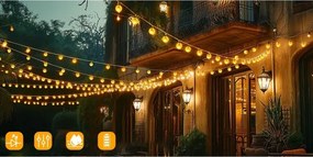 Ghirlandă solară decorativă LED, 50 LED, 8 funcții, acumulator 500 mAh, 9,5 m, IP67, alb cald