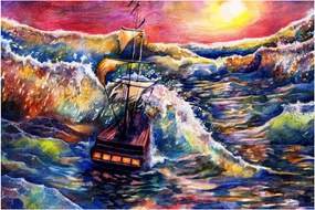 Tablou - Navă pe valurile oceanului, aquarelă (90x60 cm)