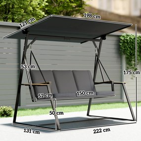 Outsunny Balansoar exterior de grădină cu 3 locuri, acoperiș reglabil, 2 tăvi, perne și cadru metalic, sarcină 360 kg, gri | Aosom Romania