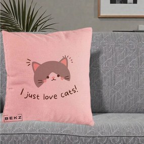 Perna Personalizata I Just Love Cats Pisica Kawaii, 40x40 cm, Roz, Husa Detasabila, Perna Inclusa, BEKZ®
