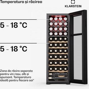 Klarstein Bovella 44 Duo+ frigider vin, 2 în 1, 44 sticle, 2 zone, 9 rafturi, Control tactil