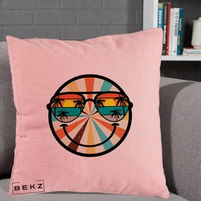 Perna Decorativa Smiley Face Retro Sunset Palmieri, 40x40 cm, Roz, Husa Detasabila, Perna Inclusa, BEKZ®