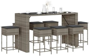 3261514 vidaXL Set mobilier bar de grădină, cu perne, 9 piese, gri, poliratan