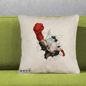 Perna Personalizata One Punch Man Saitama Pumn, 40x40 cm, Bej Canapea, Husa Detasabila, Perna Inclusa, BEKZ®