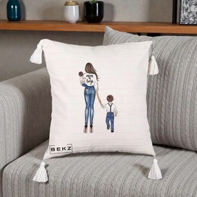 Cadou pentru Mama - Perna Personalizata Mom of Boys Mama cu Baietii, 40x40 cm, Bej cu Franjuri, Husa Detasabila, Perna Inclusa, BEKZ®