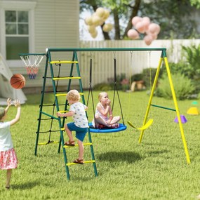 Outsunny Leagăn pentru copii 4 în 1 cu Leagăn tip Cuib și individual Plasă de cățărat Coș de baschet Scară Galben | Aosom Romania