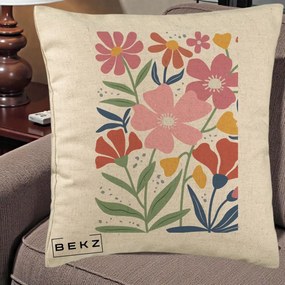 Perna Decorativa Flori Grafice Roz si Terracotta, 40x40 cm, Bej, Husa Detasabila, Perna Inclusa, BEKZ®
