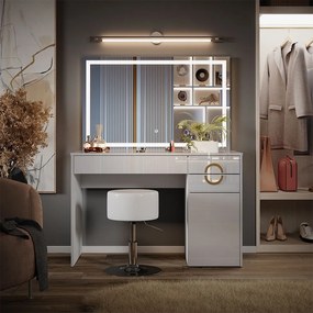 Masuta machiaj cu Oglinda LED si 3 Sertare pentru Cosmetice, Set Masa toaleta 115 cm, Alb Lucios, masuta cosmetica, vanity - SEA442