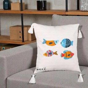 Perna Decorativa Pesti Acuarela, 40x40 cm, Bej cu Franjuri, Husa Detasabila, Perna Inclusa, BEKZ®