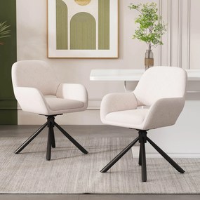 Set de 2 scaune de dining moderne, tapițate în sherpa, cu cotiere și funcție rotativă, Alb