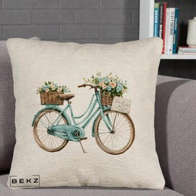 Perna Decorativa Bicicleta Teal cu Cosuri Duble de Flori Vintage, 40x40 cm, Bej Canapea, Husa Detasabila, Perna Inclusa, BEKZ®