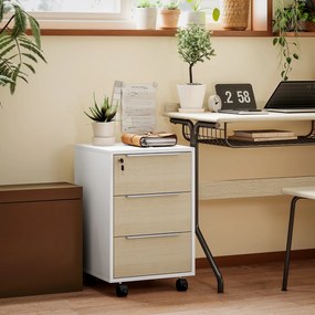 HOMCOM Căsuț de birou pe roți cu 3 sertare și lacăt, mobilier depozitare birou pe roți, 40 x 40 x 63,5 cm, stejar | Aosom Romania