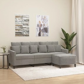 3153471 vidaXL Canapea cu 3 locuri și taburet, gri deschis, 180 cm, catifea