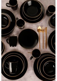 Set de veselă, 30 piese, negru/auriu, din ceramică vitrificată