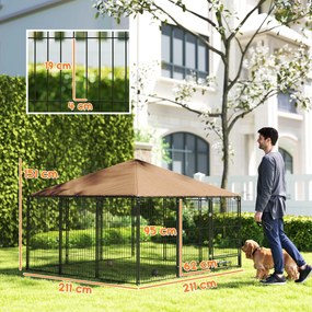 PawHut Tarc Câini din Metal cu Ușă pentru Bol, Padoc caine pentru Exterior cu Acoperiș  din țesătură Oxford, 211x211x151 cm, Negru | Aosom Romania