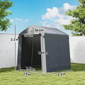 Outsunny Cort garaj 2,3 x 1,9 m, rezistent la apă, cort pentru unelte cu ușă rulabilă cu fermoar, ventilație, acoperiș în două ape, gri închis | Aosom Romania