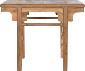 Consolă hol farmhouse din lemn de tec reciclat, natur, cu console decupate sub blat și traverse rotunde, 83 x 100 x 50 cm, „Avana Small”