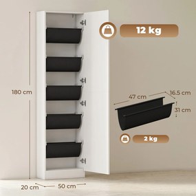 HOMCOM Dulap pentru Pantofi cu Oglindă, Uși Reversibile cu 5 Rafturi din Material Textil, 50 x 20 x 180 cm, Alb | Aosom Romania