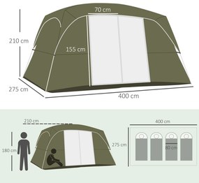 Outsunny Cort pentru 4-8 Persoane cu 2 Dormitoare 2 Buzunare și Ferestre cu Plasă Impermeabil 400x275x210 cm Verde | Aosom Romania