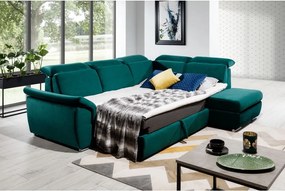 Colțar verde extensibil/cu spațiu de depozitare cu tapițerie din catifea (cu colț pe partea dreaptă/în formă de ”L”) Loreto – ELTAP