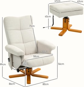 HOMCOM Fotoliu de masaj cu funcție de culcare și taburet, 145° de înclinare, Poliester, 80 x 86 x 99 cm, Crem | Aosom Romania