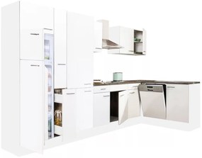 Dulap de bucătărie de colț Yorki 370 cu corp alb, față alb satinat, dulap cu rafturi și frigider cu congelator superior