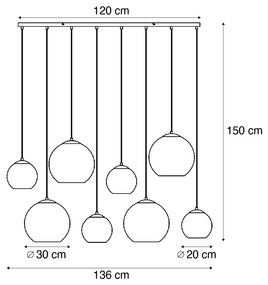 Lampă suspendată Art Deco aurie cu sticlă curcubeu cu 8 lumini - Sandra
