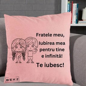 Cadou pentru Frate - Perna Personalizata Fratele Meu Te Iubesc Copii Anime Line Art Negru, 40x40 cm, Roz, Husa Detasabila, Perna Inclusa, BEKZ®