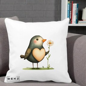Perna Decorativa Pasare cu Inima si Margareta, 40x40 cm, Alba Mata, Husa Detasabila, Perna Inclusa, BEKZ®