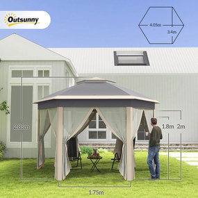 Outsunny Pavilion 4x4m impermeabil pop-up pavilion pliant hexagonal, acoperiș dublu, pavilion de grădină cu 6 părți laterale, cort de petrecere incl. husă de transport, pentru grădină, terasă, festival, Bej+Kaki | Aosom Romania