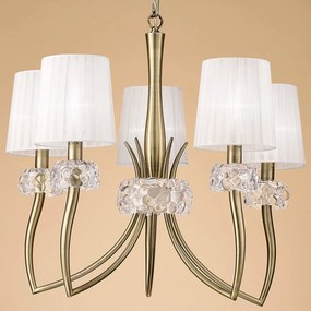 Candelabru clasic cu 5 brate LOEWE antique brass/ abajur alb