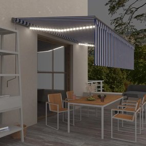 vidaXL Copertină automată cu stor&amp;LED&amp;senzor de vânt albastru/alb 5x3m