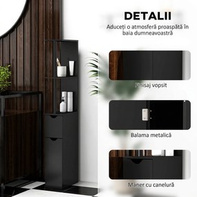 Kleankin Coloană de Baie cu 2 Rafturi și 2 Dulapuri, Mobilier Înalt de Baie Spațios din MDF, 15,2x29,8x118 cm, Negru | Aosom Romania