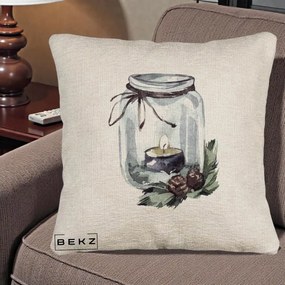 Perna Decorativa Felinar cu Lumanare si Conuri, 40x40 cm, Bej Canapea, Husa Detasabila, Perna Inclusa, BEKZ®