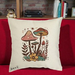 Perna Decorativa Ciuperci Boho Multicolore, 40x40 cm, Ecru, Husa Detasabila, Perna Inclusa, BEKZ®