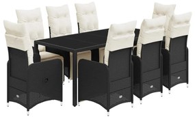 3277140 vidaXL Set bistro de grădină, 9 piese, cu perne, negru, poliratan